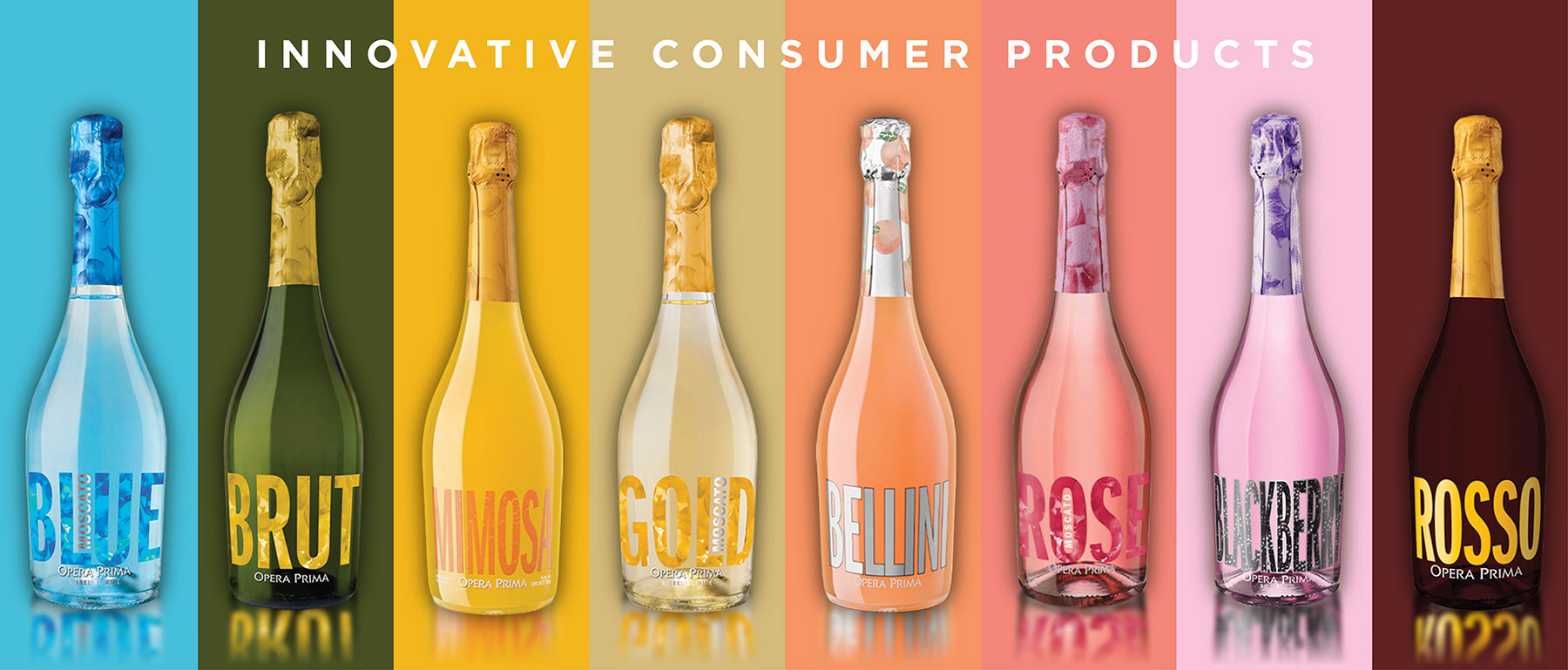 A row of seven colorful sparkling wine bottles, each labeled with a bold name: BLUE, BRUT, MIMOS, GOLD, BELLINI, ROSSI, MANICA, and ROSSO, against matching vibrant vertical backgrounds.