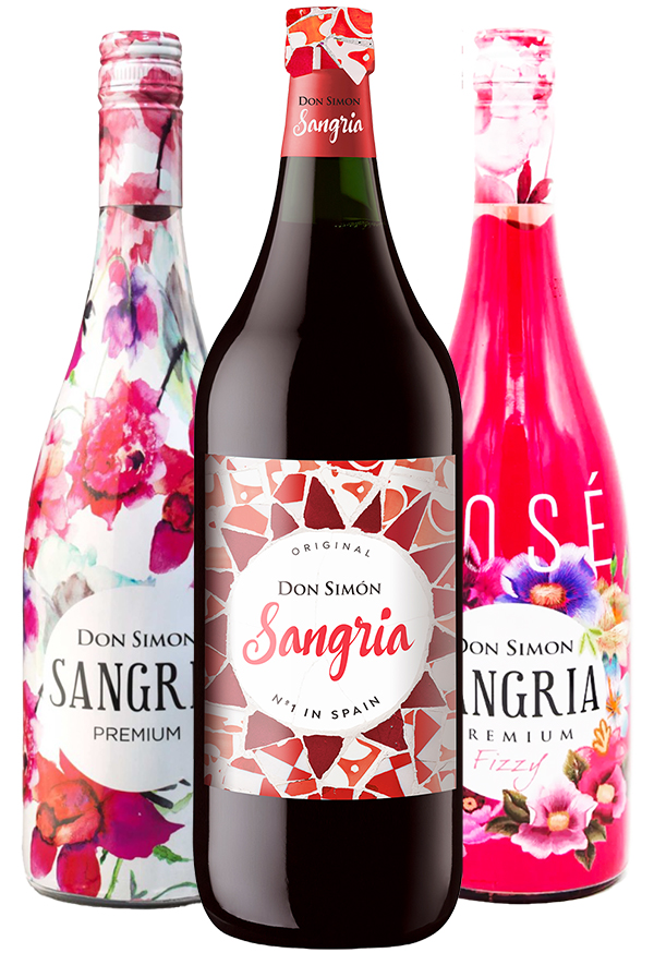 Three Don Simón beverage bottles: two with floral designs labeled Sangria Premium and Rosé Premium Fizzy, and one in the center with a red mosaic pattern labeled Sangria No.1 in Spain.