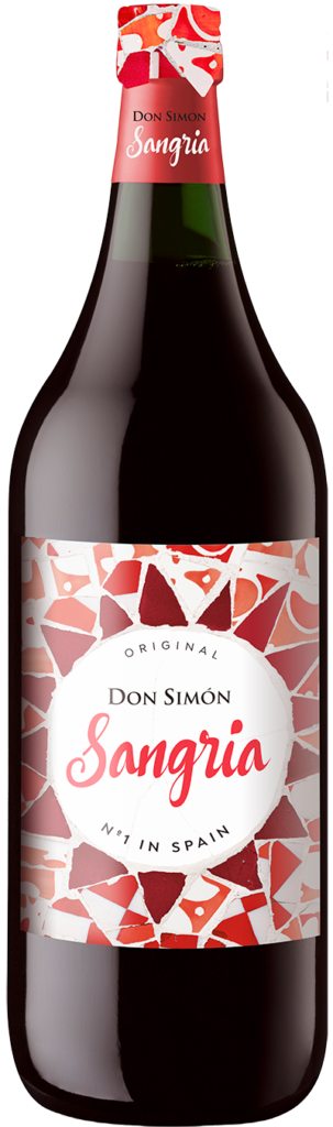 A bottle of Don Simón Sangria with a patterned red, white, and beige label. The front label reads “Original Don Simón Sangria No.1 in Spain.” The bottle is filled with a dark red liquid.