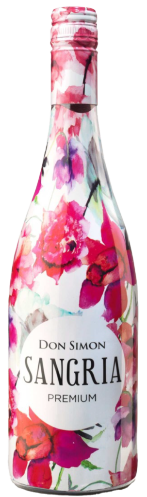 A bottle of Don Simon Sangria Premium, decorated with colorful watercolor-style red and pink floral patterns on a white background.