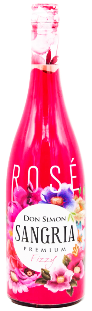 A bright pink bottle of Don Simon Premium Rosé Sangria Fizzy, decorated with colorful flowers and bold white text.
