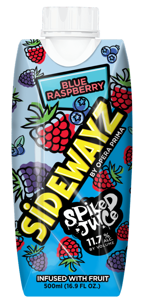 A blue juice carton decorated with colorful raspberry illustrations, labeled SIDEWAYZ Spiked Juice by Opera Prima, Blue Raspberry, 11.7% ALC./VOL., and Infused with Fruit, 500ml (16.9 FL OZ).