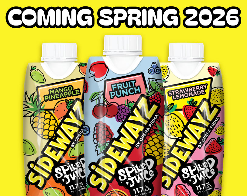 Three colorful juice cartons labeled “SIDEWAYZ Spiked Juice” in mango pineapple, fruit punch, and strawberry lemonade flavors, with bold fruit illustrations and the text “COMING SPRING 2026” above them.