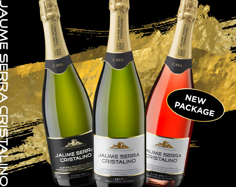 Three bottles of Jaume Serra Cristalino cava are displayed against a black and gold background, featuring Extra Dry, Brut, and Rosé Brut varieties, with a label stating “NEW PACKAGE.”.