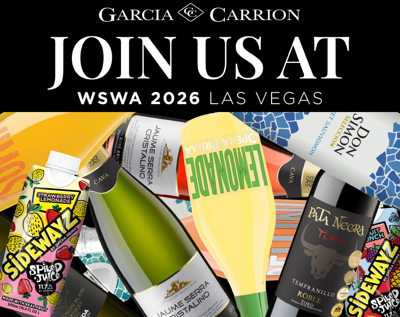 A promotional graphic for Garcia Carrion at WSWA 2026 Las Vegas features bottles and cans of wine and beverages, including Sidewayz Spiked Juice, Pata Negra Tempranillo, and Jaume Serra Cristalino cava.