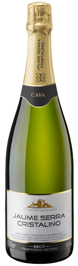 A bottle of Jaume Serra Cristalino Cava Brut with a gold foil-covered neck, black accents, and a white label displaying the brand name and product details.