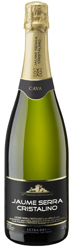 A bottle of Jaume Serra Cristalino Cava, extra dry, with a gold foil top, black label, and text highlighting it as a Spanish sparkling wine made using the traditional method.