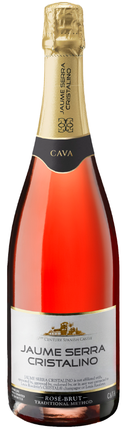 A bottle of Jaume Serra Cristalino Cava Rosé Brut sparkling wine with a gold foil top, pink liquid visible, and a white label featuring black and gold text.