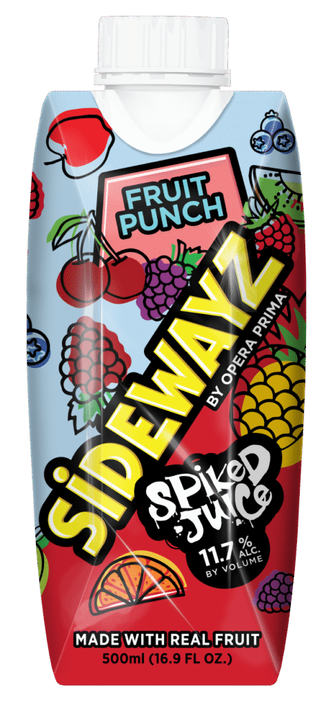 A colorful 500ml juice carton labeled Sidewayz Spiked Juice with fruit punch flavor. The package features illustrations of various fruits and states 11.7% alcohol by volume. Text says Made with real fruit.