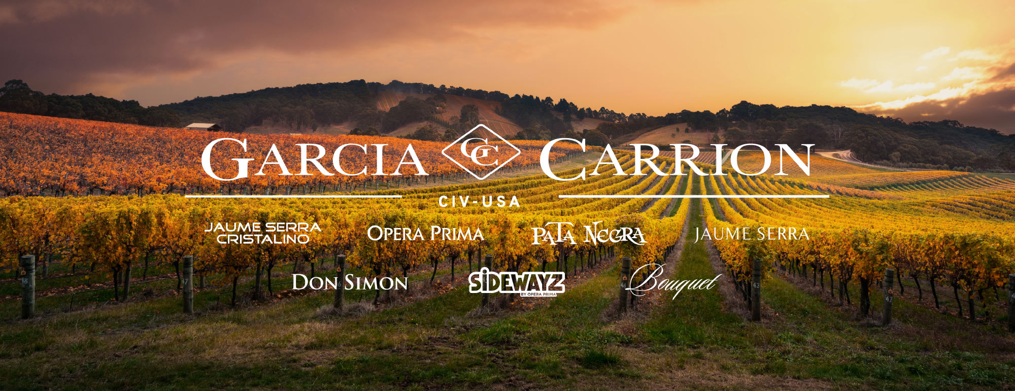 A scenic vineyard at sunset with rows of grapevines, golden foliage, and rolling hills in the background. Overlaid text reads Garcia Carrion and lists wine brands including Jaume Serra, Opera Prima, and Don Simon.
