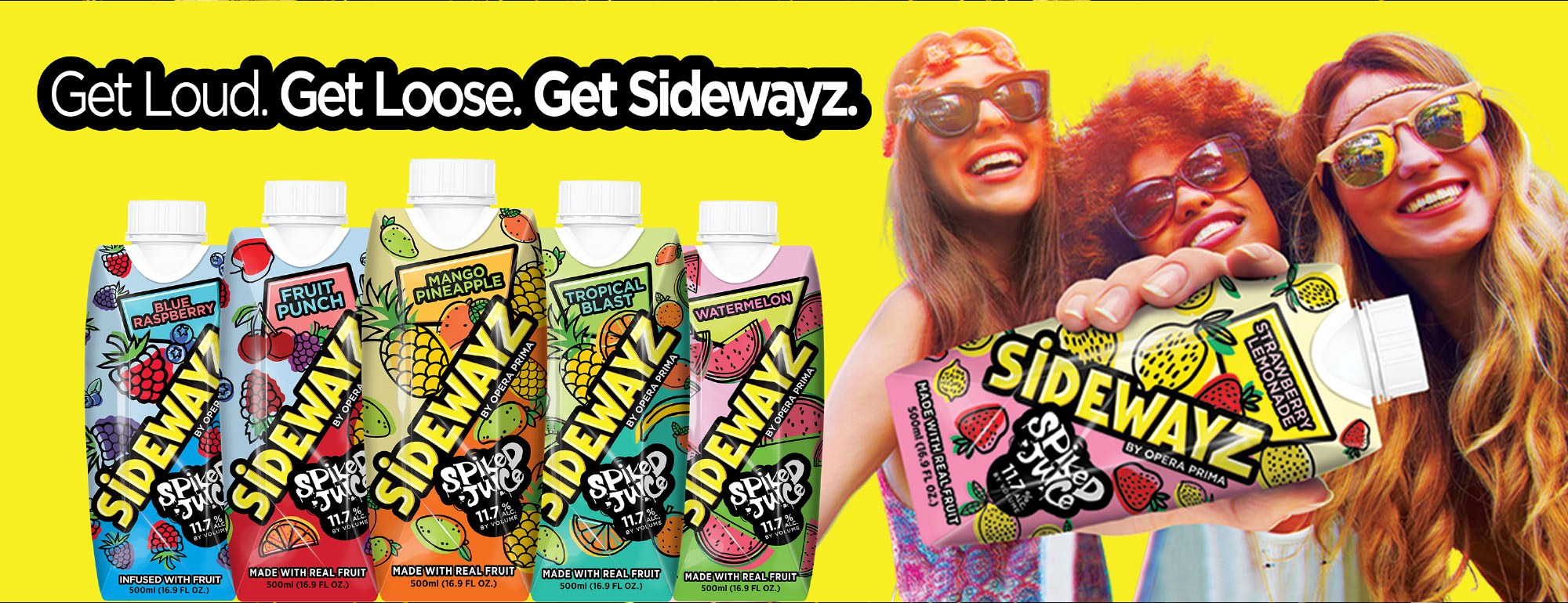 Five colorful juice cartons labeled SIDEWAYZ are displayed on the left, with the flavors Fruit Punch, Mango Pineapple, Tropical Fusion, and Watermelon. On the right, three smiling people hold up a Sidewayz drink against a bright yellow background.