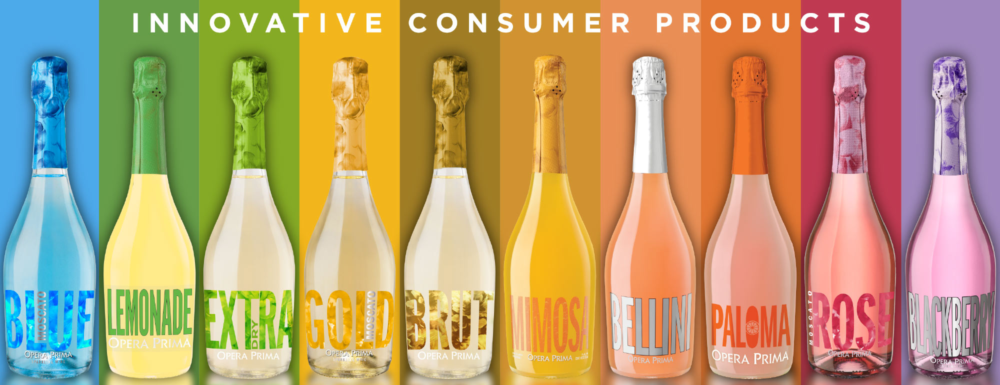 Ten colorful bottles of Opera Prima sparkling drinks are lined up side by side, each bottle and label in a different color, set against a rainbow background with the text INNOVATIVE CONSUMER PRODUCTS above.