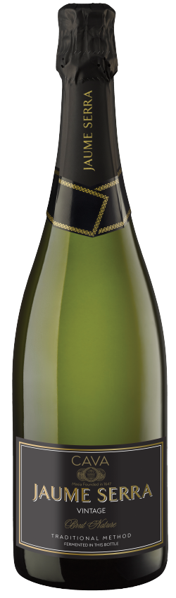 A bottle of Jaume Serra Vintage Cava sparkling wine with a dark green glass, black foil covering the cork, and a black label featuring gold lettering and decorative details.
