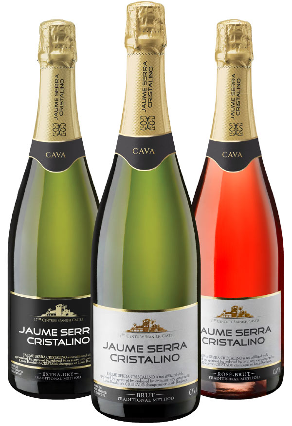Three bottles of Jaume Serra Cristalino cava: one Extra Dry, one Brut, and one Rosé Brut, each with a gold foil top and distinct labels, arranged upright side by side on a white background.