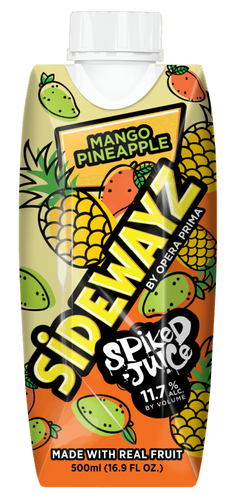 A colorful drink pouch labeled Sidewayz Spiked Juice features illustrations of mangoes and pineapples. The pouch notes Mango Pineapple, 11.7% alc/vol, and Made with real fruit, with a capacity of 500 ml.