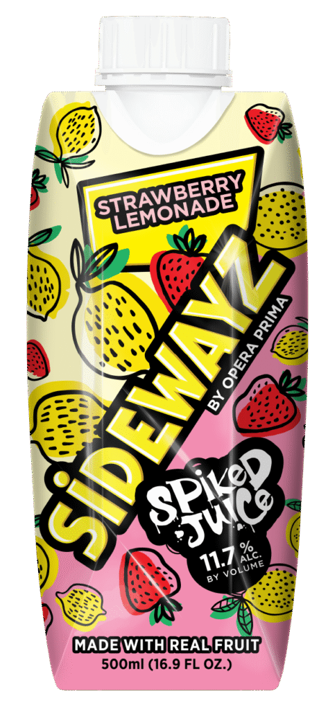 A colorful juice carton labeled SIDEWAYZ Spiked Juice by Opera Prima with strawberry and lemon illustrations. Text highlights Strawberry Lemonade, Made with Real Fruit, and 11.7% alc/vol, 500ml (16.9 FL OZ.).