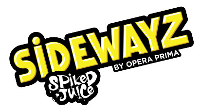 Logo with bold yellow text reading SIDEWAYZ and smaller white text below reading BY OPERA PRIMA. Below, the stylized words SPIKED JUICE appear in white with a graffiti-like font on a black background.