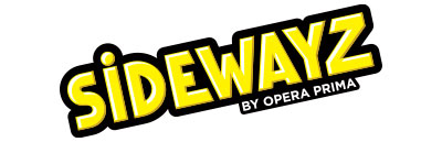 Logo with the word SIDEWAYZ in bold, yellow, uppercase letters outlined in black and tilted upward. Below, in smaller white text on black, it reads BY OPERA PRIMA.