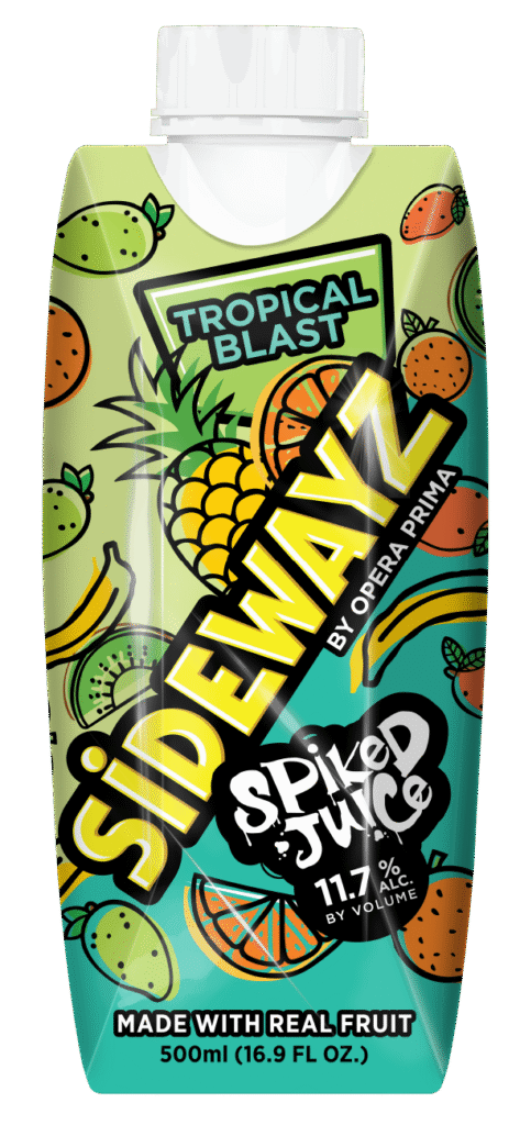A colorful 500ml drink carton labeled SIDEWAYZ Spiked Juice in tropical colors, featuring images of fruit like pineapples, oranges, bananas, and kiwis. The flavor is Tropical Blast with 11.7% alcohol by volume.