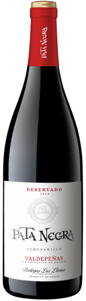 A bottle of Pata Negra Tempranillo Reserva red wine, featuring a red capsule, white label with black and red text, and Valdepeñas denomination.